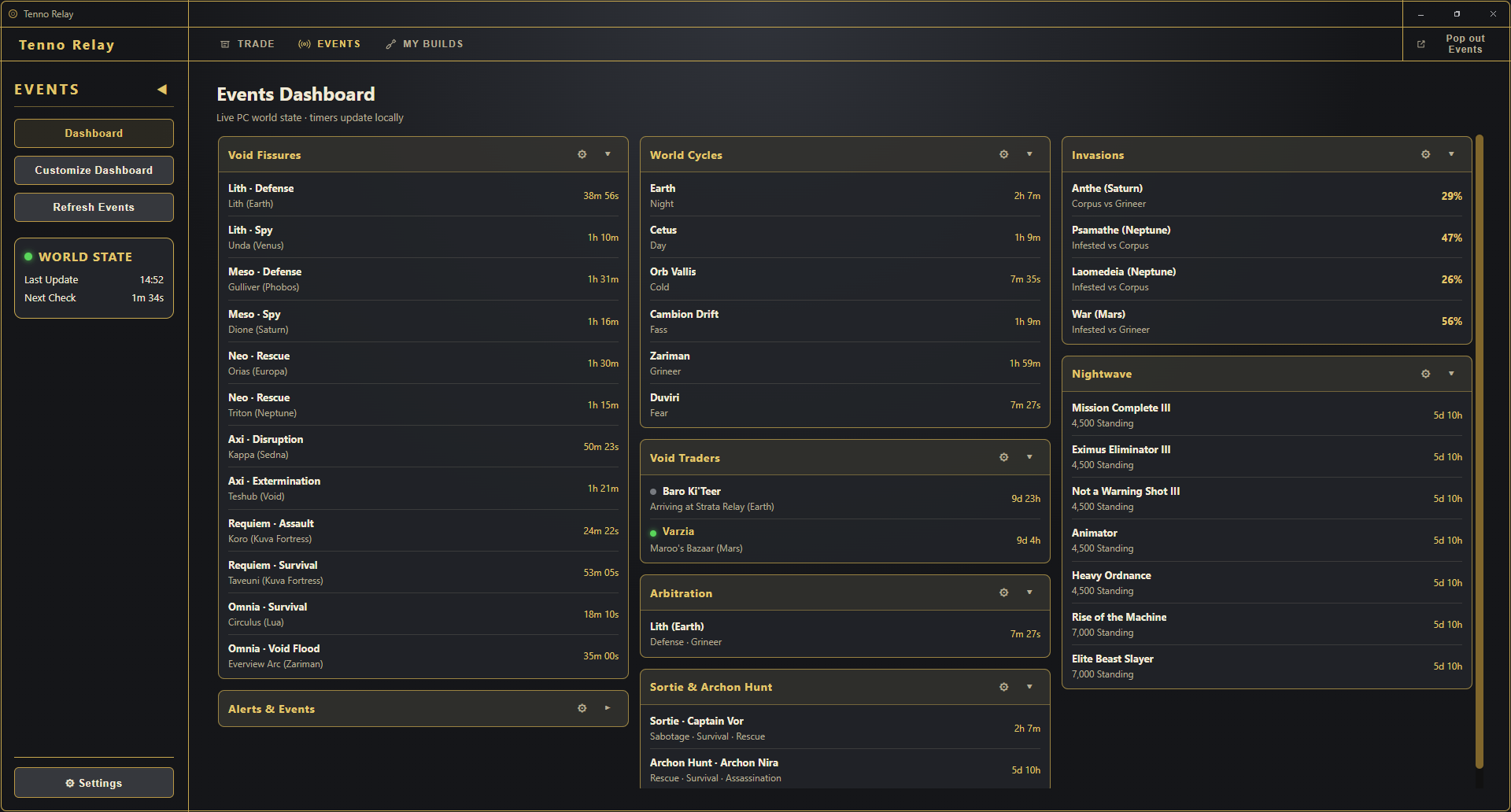 Tenno Relay Warframe events dashboard